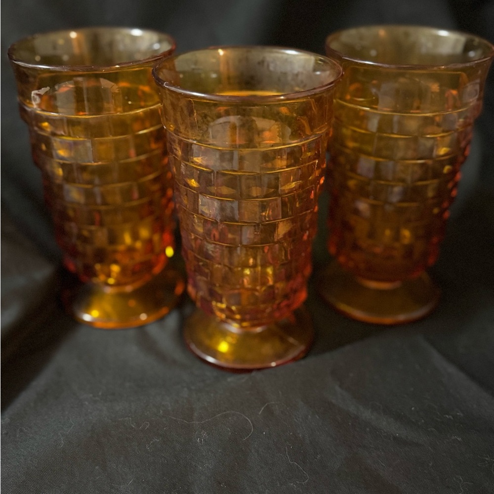 Indiana Whitehall Cubist Amber Glasses Textured Footed Tumblers - Set of 3